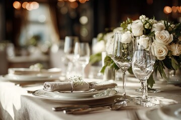 Table setting in an expensive restaurant, dishes in close-up. Side view.