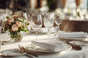 Table setting in an expensive restaurant, dishes in close-up. Side view.