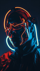 Crazy rave DJ with futuristic headphones