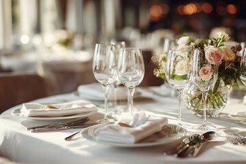 Fototapeta premium Table setting in an expensive restaurant, dishes in close-up. Side view.