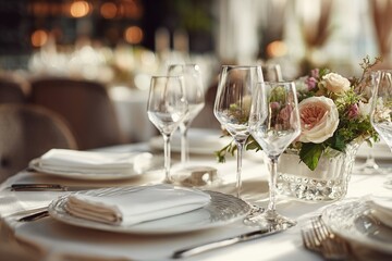 Table setting in an expensive restaurant, dishes in close-up. Side view.