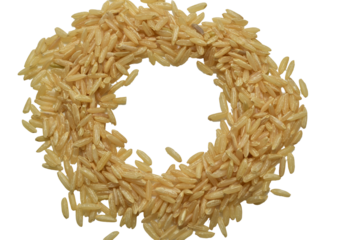 Long-grain brown rice on a PNG background with room for text.