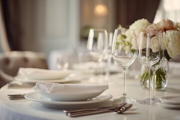 Fototapeta premium Table setting in an expensive restaurant, dishes in close-up. Side view.