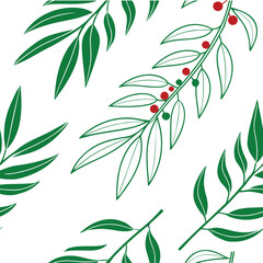 Green leaves and red berries pattern on white seamless