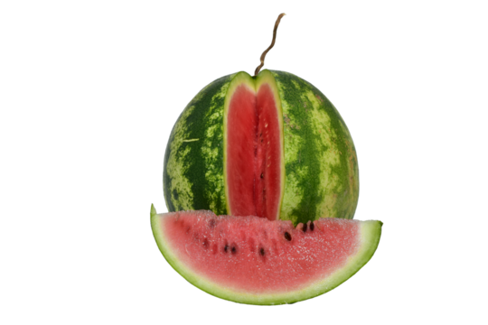 A watermelon with green striped skin and red core lies on a PNG background.