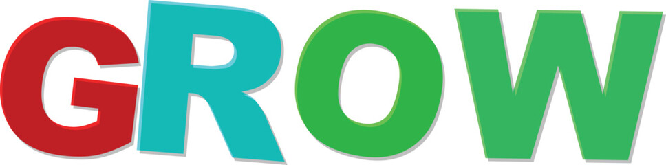 Red turquoise green letters spell G R O W with shadow effect Text Design grow word