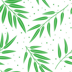 Seamless Green Bamboo Leaves Pattern on White Background
