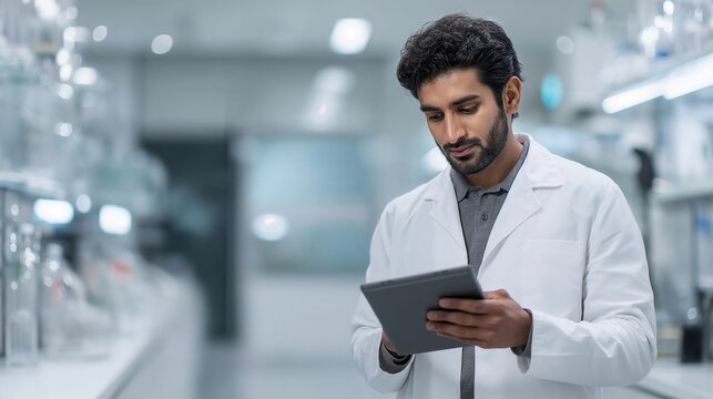 Young scientist in a white lab coat using a digital tablet, monitoring scientific data and researching medical solutions in laboratory environment. Indian male doctor checks analysis results.  - Powered by Adobe