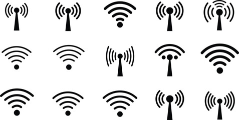 Wireless WiFi signal icons set, internet connection vector, network antenna symbols, hotspot, router, communication, digital technology design, vector illustration.