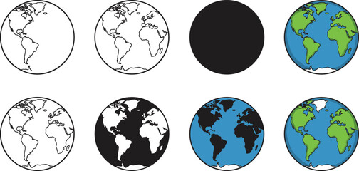 World globe vector icons set, Earth planet illustrations, global map, continents, international geography, travel, environment, education