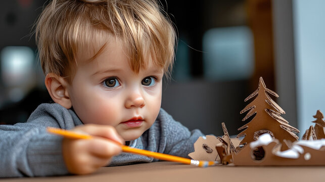Child painting Christmas decorations on recycled cardboard, engaging in DIY holiday craft, promoting sustainability and creativity, festive fun activity with copy space