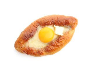 Tasty khachapuri with cheese and egg isolated on white, top view