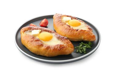 Tasty khachapuris with cheese, eggs, tomatoes and parsley isolated on white