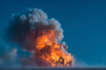 House engulfed in flames and smoke