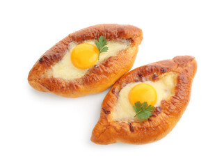Tasty khachapuris with cheese, eggs and parsley isolated on white, top view