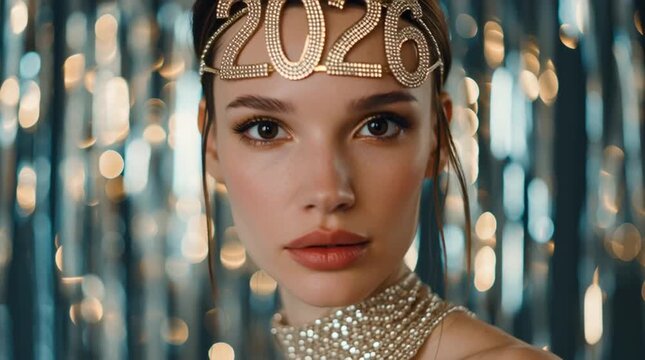 Young European woman with brown hair in an elegant updo wearing a jeweled headpiece and pearl necklace against blurred festive lights for Christmas and New Year's Eve 2026.