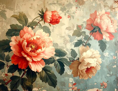 Vintage Floral Painting of Roses and Peonies.