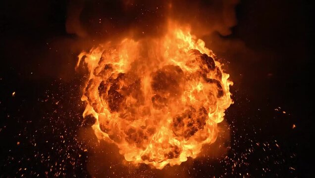 Large fireball engulfed in bright orange flames with sparks flying against a dark background.