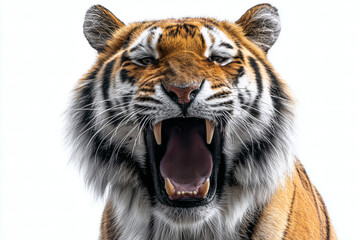 Obraz premium Tiger roaring with teeth bared against white backdrop