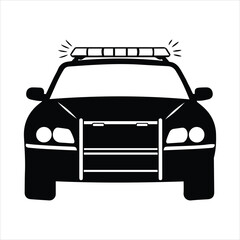 Front view of a black police car silhouette with flashing emergency lights and grille