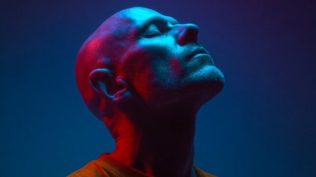 Bald man's face, lit by red and blue light, eyes closed, looking upwards in thought
