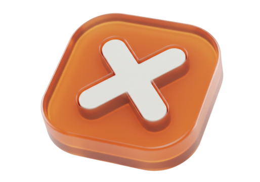 Orange square icon with white cross isolated PNG, cancel or delete button for user interface design and web development
