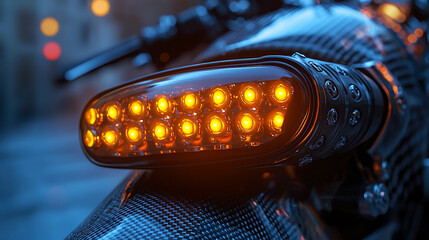 Bright LED turn signal on modern motorcycle at dusk Generative AI