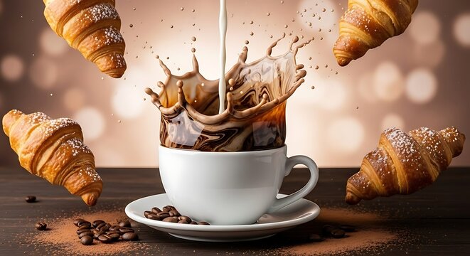 Coffee Splash With Flying Croissants And Beans On Rustic Table