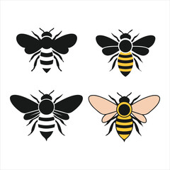 Four stylized bees set insect icon design nature collection cute graphic elements