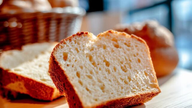 Closeup of glutenfree bread slice with clear texture in focus blurred background showcasing bakery setting highlighting dietaryfriendly options.