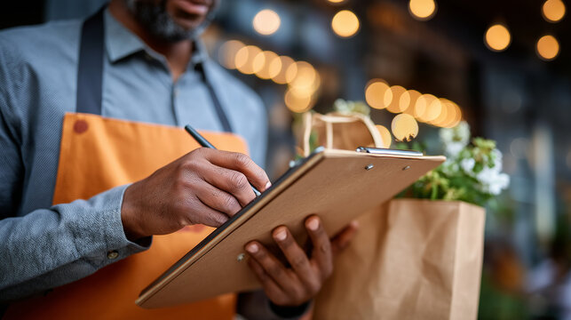 A courier checking a food order in a delivery bag before leaving a restaurant, courier food order check, restaurant delivery prep, meal transport service, food courier scene, with 