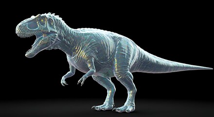 A detailed 3d rendering of a fearsome tyrannosaurus rex dinosaur with its mouth open in a roar showcasing its powerful build and reptilian scales against a stark black background
