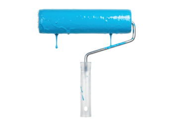 Blue paint roller isolated, painting tool with dripping paint for home improvement and renovation projects on a clean background