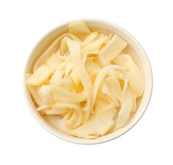 Dried shredded squid in bowl isolated on white, top view