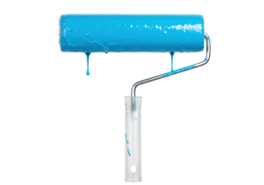 Blue paint roller isolated, painting tool with dripping paint for home improvement and renovation projects on a clean background