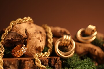 Beautiful gold jewelry on wood with moss against brown background, closeup. Space for text