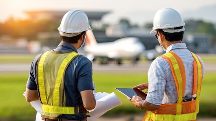 Two construction workers in hard hats examine digital plans and discuss project details at a busy industrial site