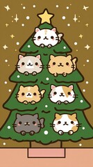 A Christmas tree with cats on it. Christmas concept.