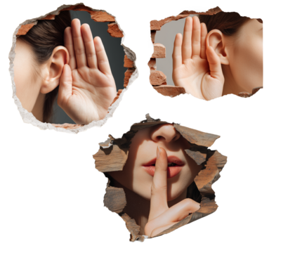 a Woman's Hand Making a Shushing Gesture and a Second Hand Peeking Through a Hole in a Brick Wall to Listen,