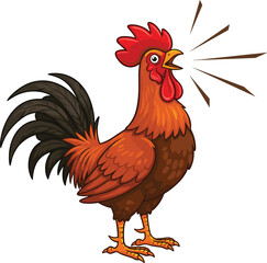 Cartoon rooster crowing with red comb and wattle, colorful farm bird standing upright, morning wake up symbol, cad drawing flat vector illustration
