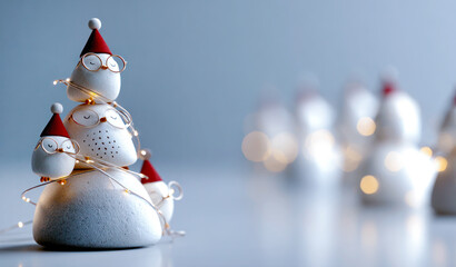 Fototapeta premium Christmas tree made of stacked owls perched in layers with wearing tiny Santa hats, glowing holiday lights with copy space, Xmas Season Greetings