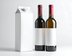 Still life a white carton, two wine bottles with red caps and blank labels