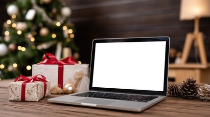 A warm holiday scene features a laptop on a wooden table alongside beautifully wrapped gifts and festive decorations