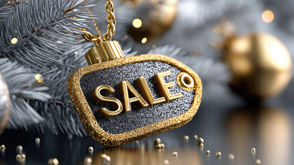 Black leather-like price tag featuring gold SALE lettering, surrounded by sparkling gold and silver beads, creating a luxurious and enticing visual for holiday discounts and special offers