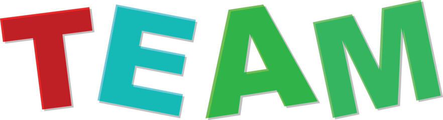 Red turquoise green letters spell T E A M with shadow effect Text Design team word