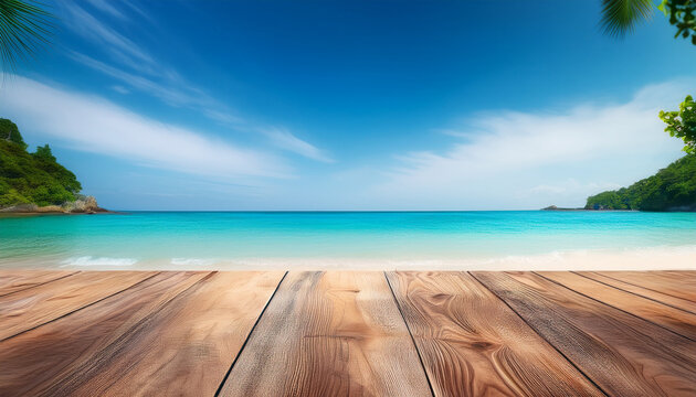 Wooden Floor Or Plank On Blurred Background Of The Sea In Summer For Product Display