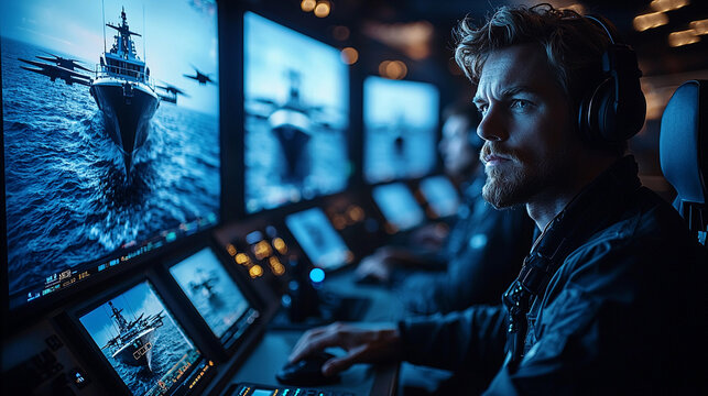 Operators monitor controls at naval command center Generative AI