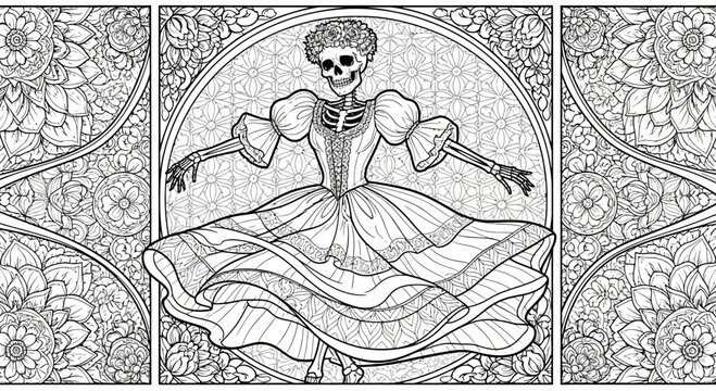 Ornate Calavera Skeleton Dancer Line Art Illustration