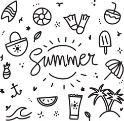 Hand drawn summer doodle icons and lettering, cute vacation line art illustration