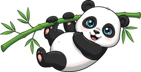 Cute baby panda hanging on bamboo illustration, cartoon animal character with big eyes, children mascot design, cad drawing flat vector illustration © Hanif World